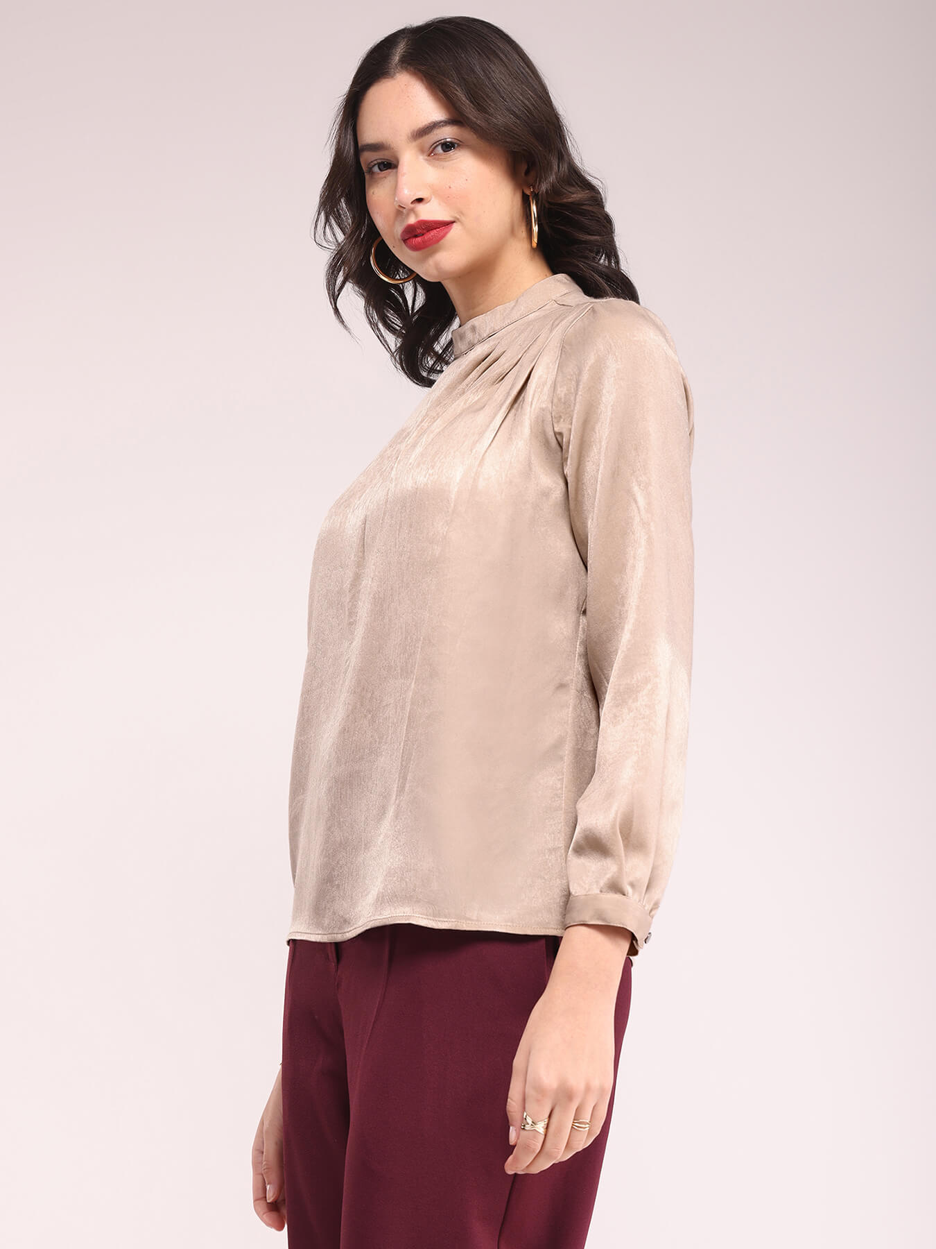 Satin Shoulder Pleat Detail Top - Beige