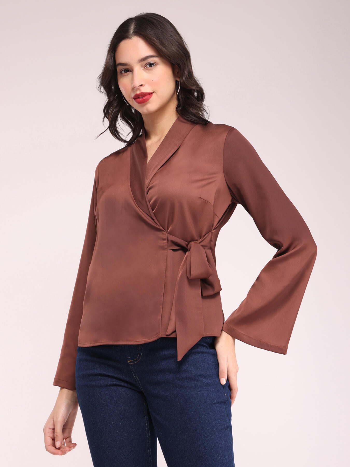 Satin Wrap Top - Brown