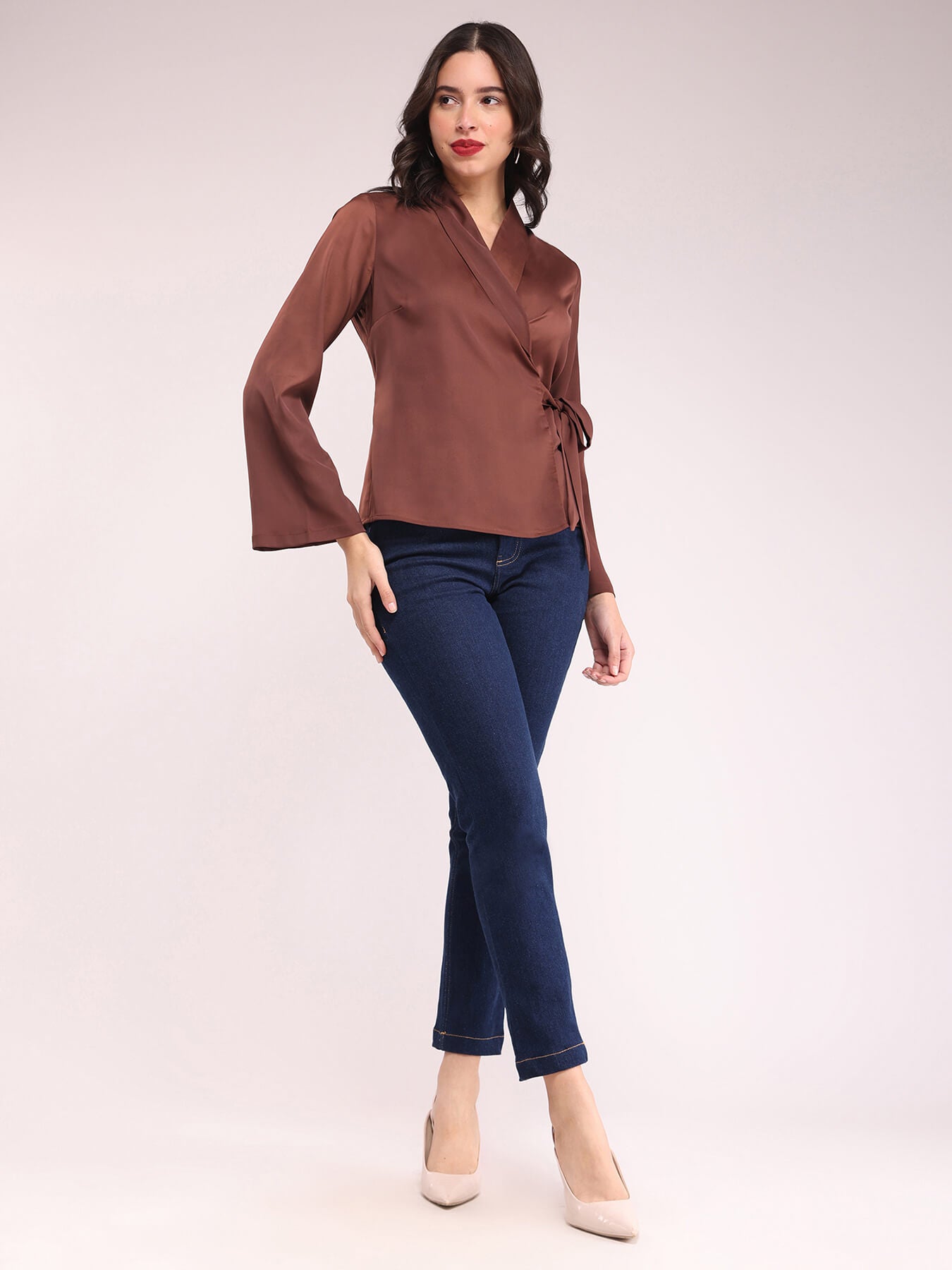 Satin Wrap Top - Brown