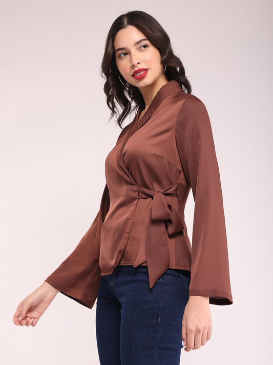 Satin Wrap Top - Brown