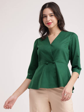 Cotton Peplum Top - Bottle Green