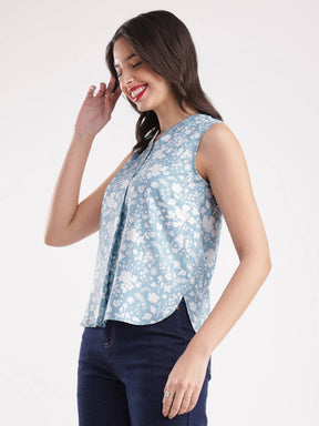 Floral Print Top - Blue And White