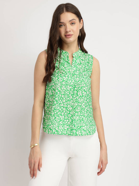 Floral Mandarin Neck Top - Green