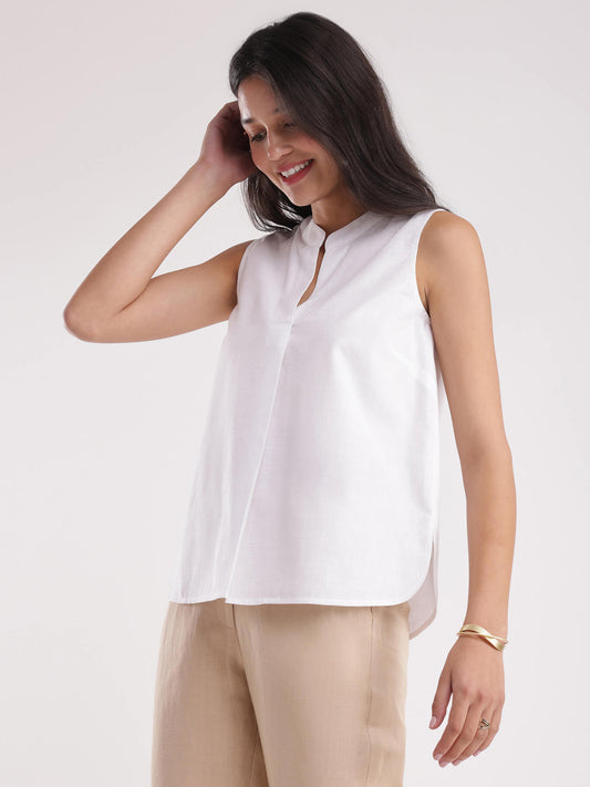 Linen Front Pleat Top - White