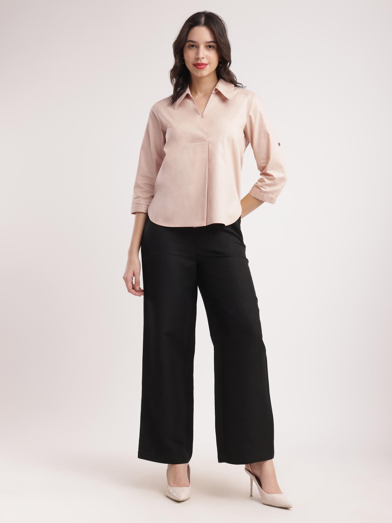 Cotton Linen Pleated Top - Beige