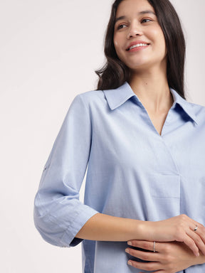 Cotton Linen Pleated Top - Light Blue