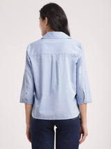 Cotton Linen Pleated Top - Light Blue