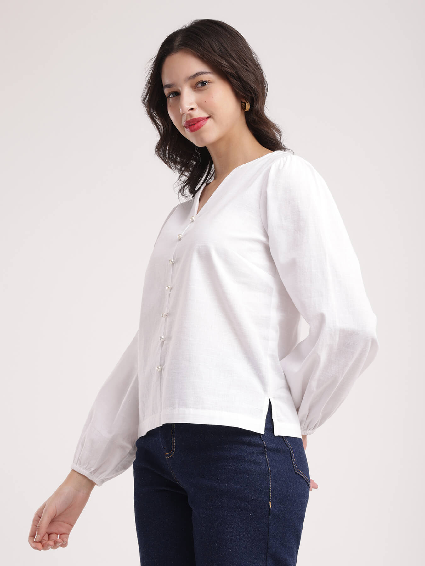 Cotton Linen V Neck Top - White