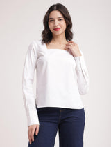 Cotton Poplin Square Neck Top - White