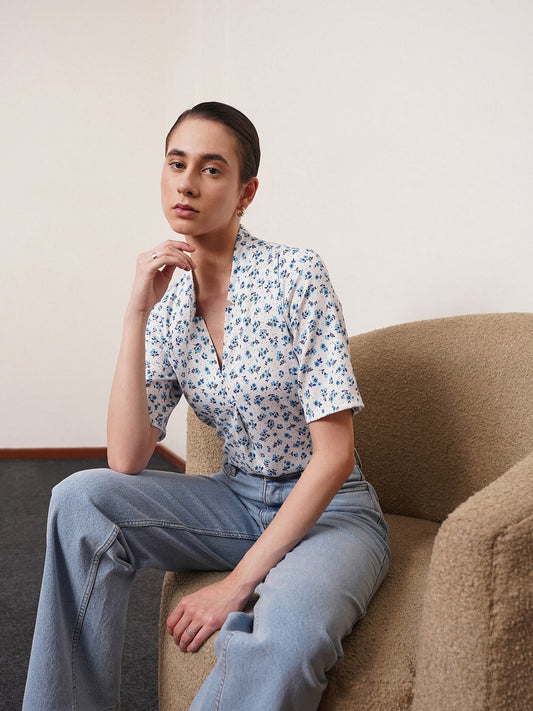 Floral Print Top - White And Blue