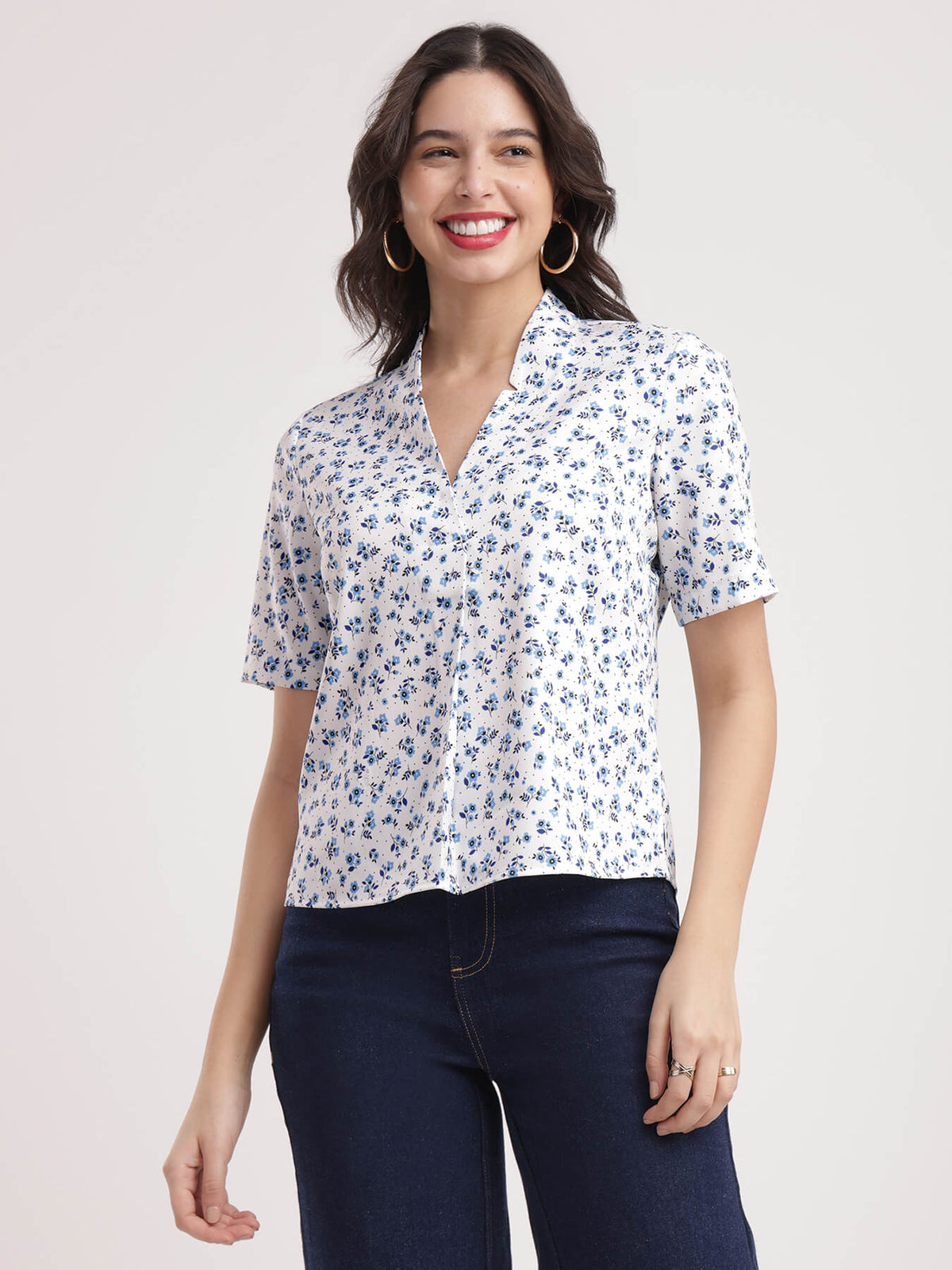 Floral Print Top - White And Blue