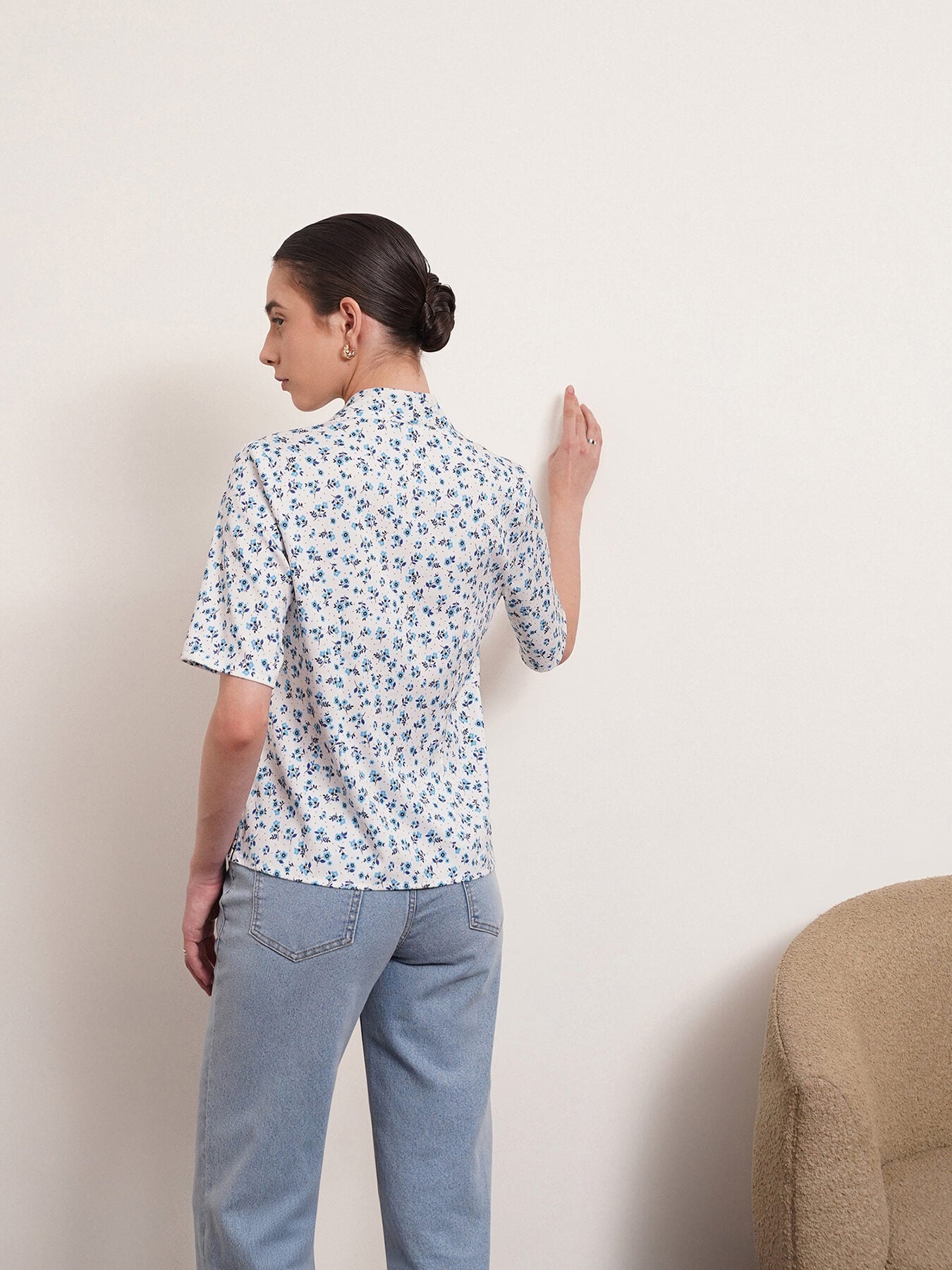 Floral Print Top - White And Blue
