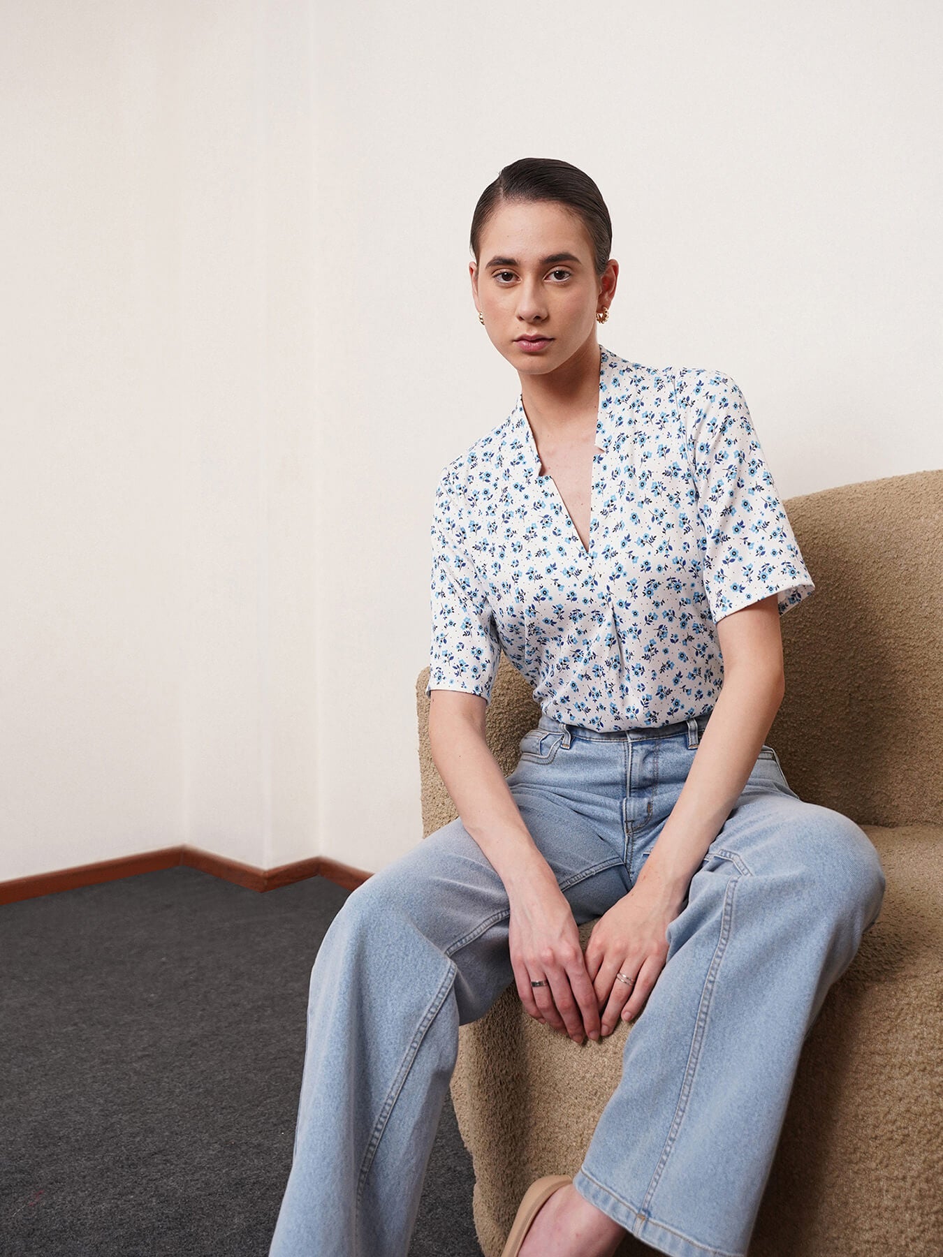 Floral Print Top - White And Blue