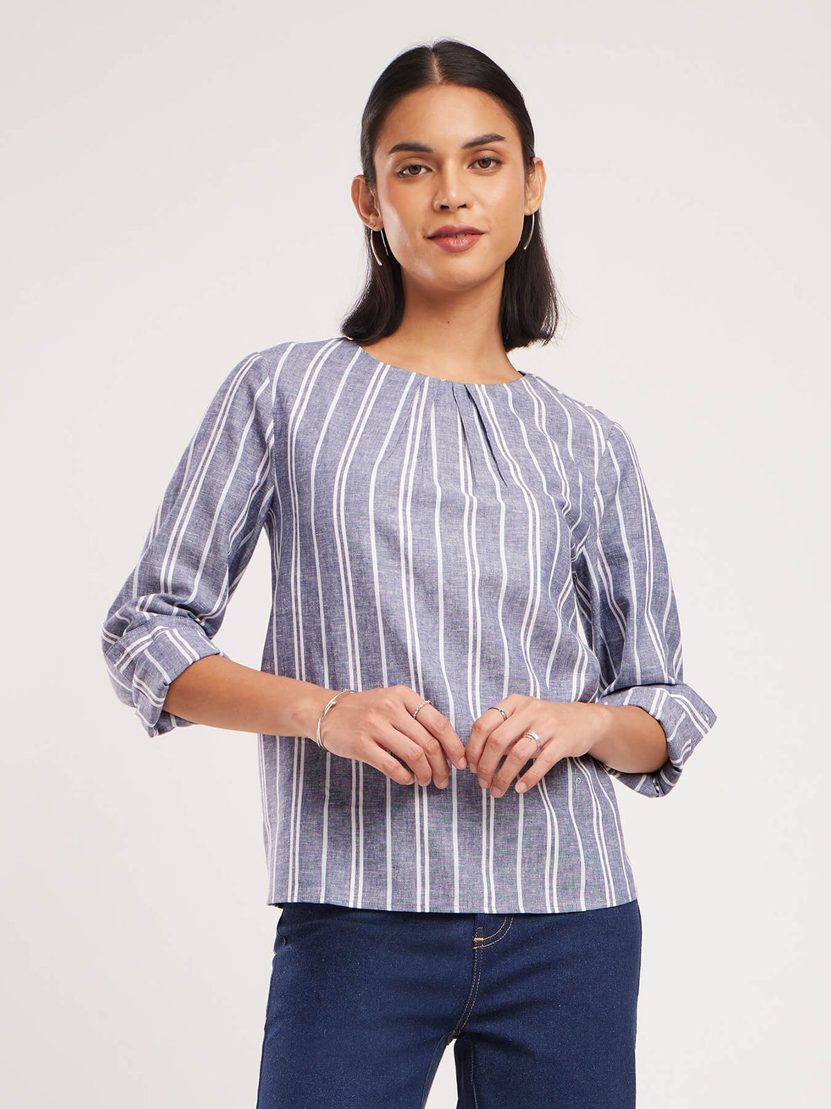 Cotton Vertical Stripes Top - Blue And White