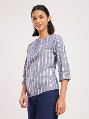 Cotton Vertical Stripes Top - Blue And White