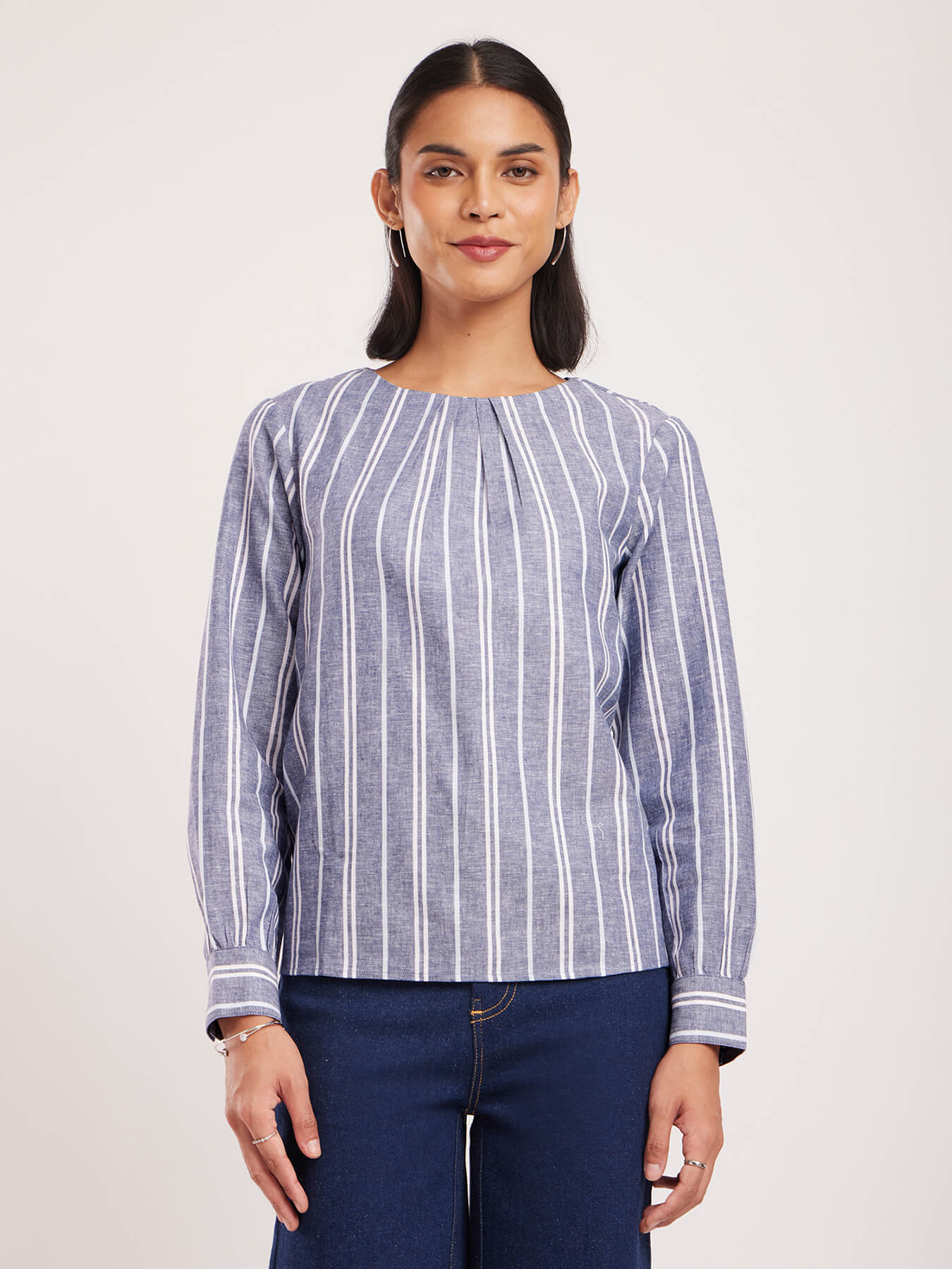 Cotton Vertical Stripes Top - Blue And White