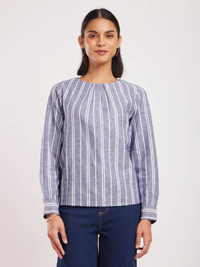 Cotton Vertical Stripes Top - Blue And White