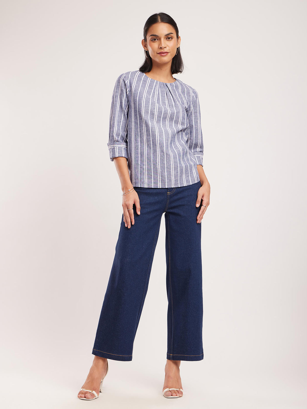 Cotton Vertical Stripes Top - Blue And White