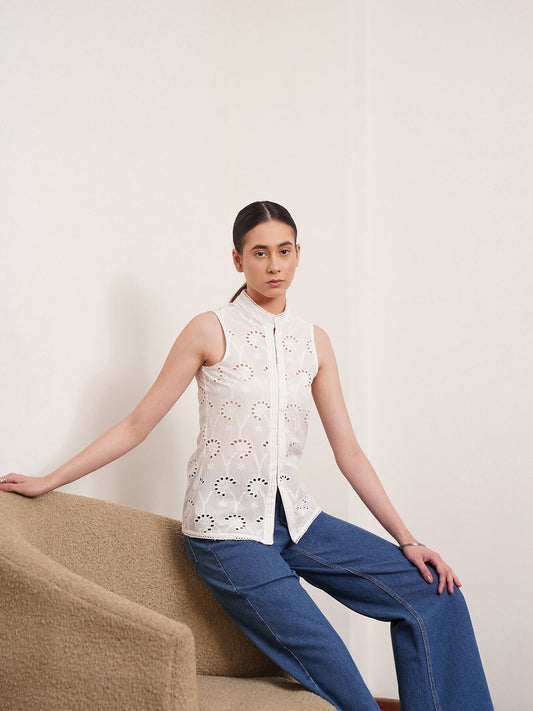 Cotton Schiffli Top - White
