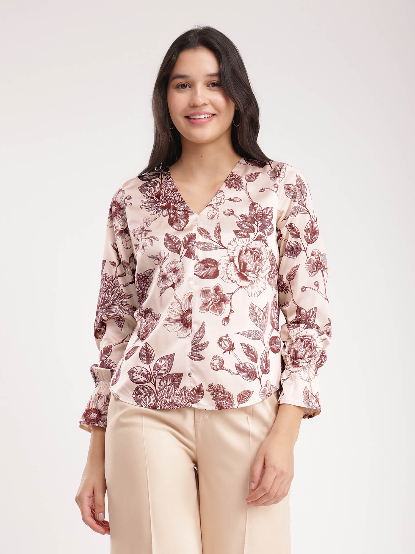 Satin Floral Top - Beige And Brown