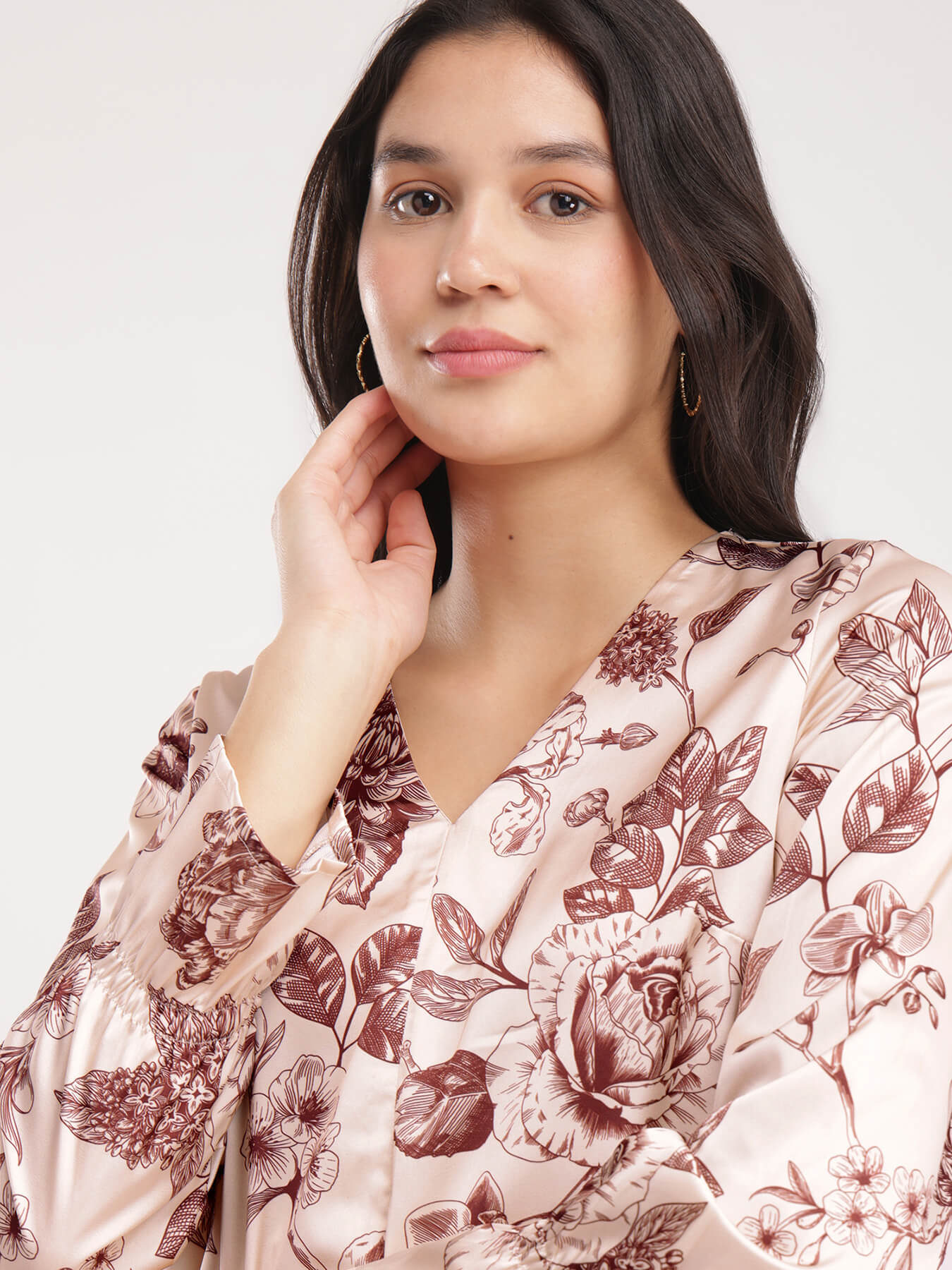 Satin Floral Top - Beige And Brown