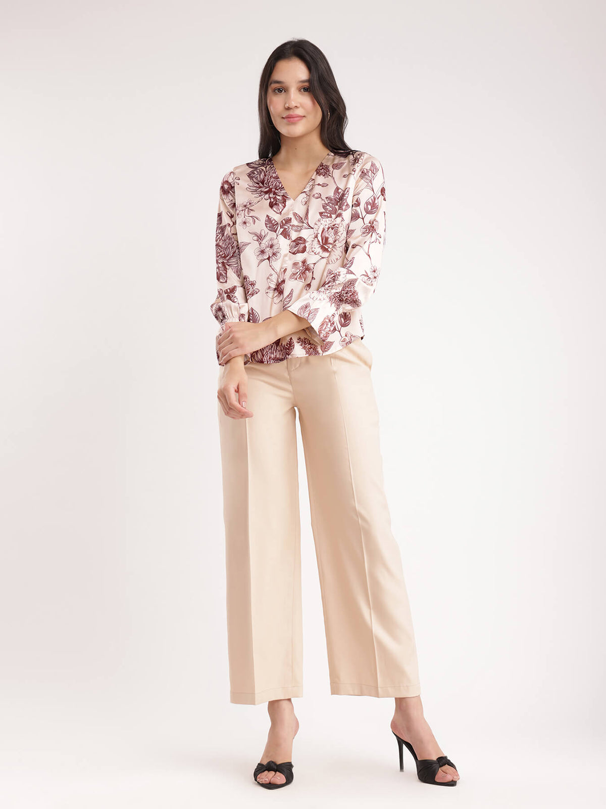 Satin Floral Top - Beige And Brown