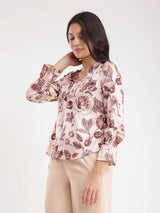 Satin Floral Top - Beige And Brown