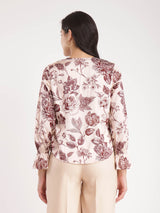 Satin Floral Top - Beige And Brown