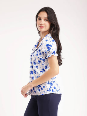Floral Puff Sleeves Top - Blue And White