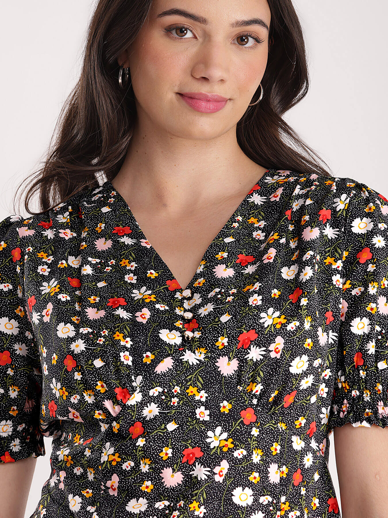 Floral Smock Detail Top - Black