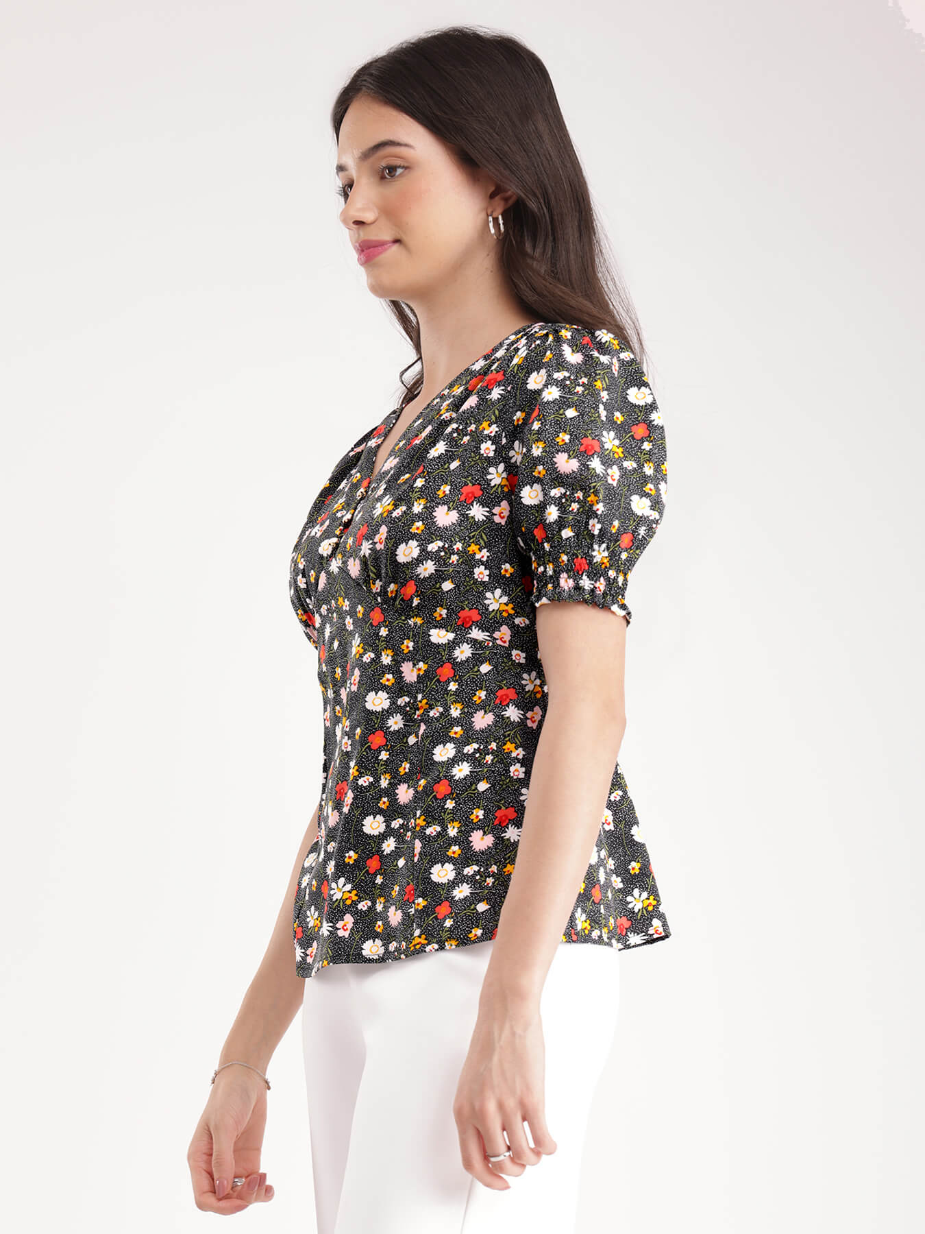 Floral Smock Detail Top - Black