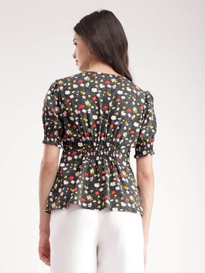 Floral Smock Detail Top - Black