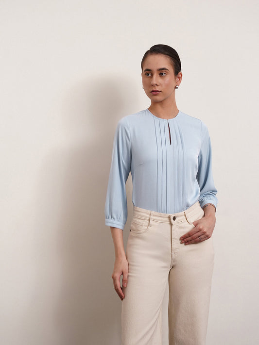 Pintuck Detail Top - Light Blue