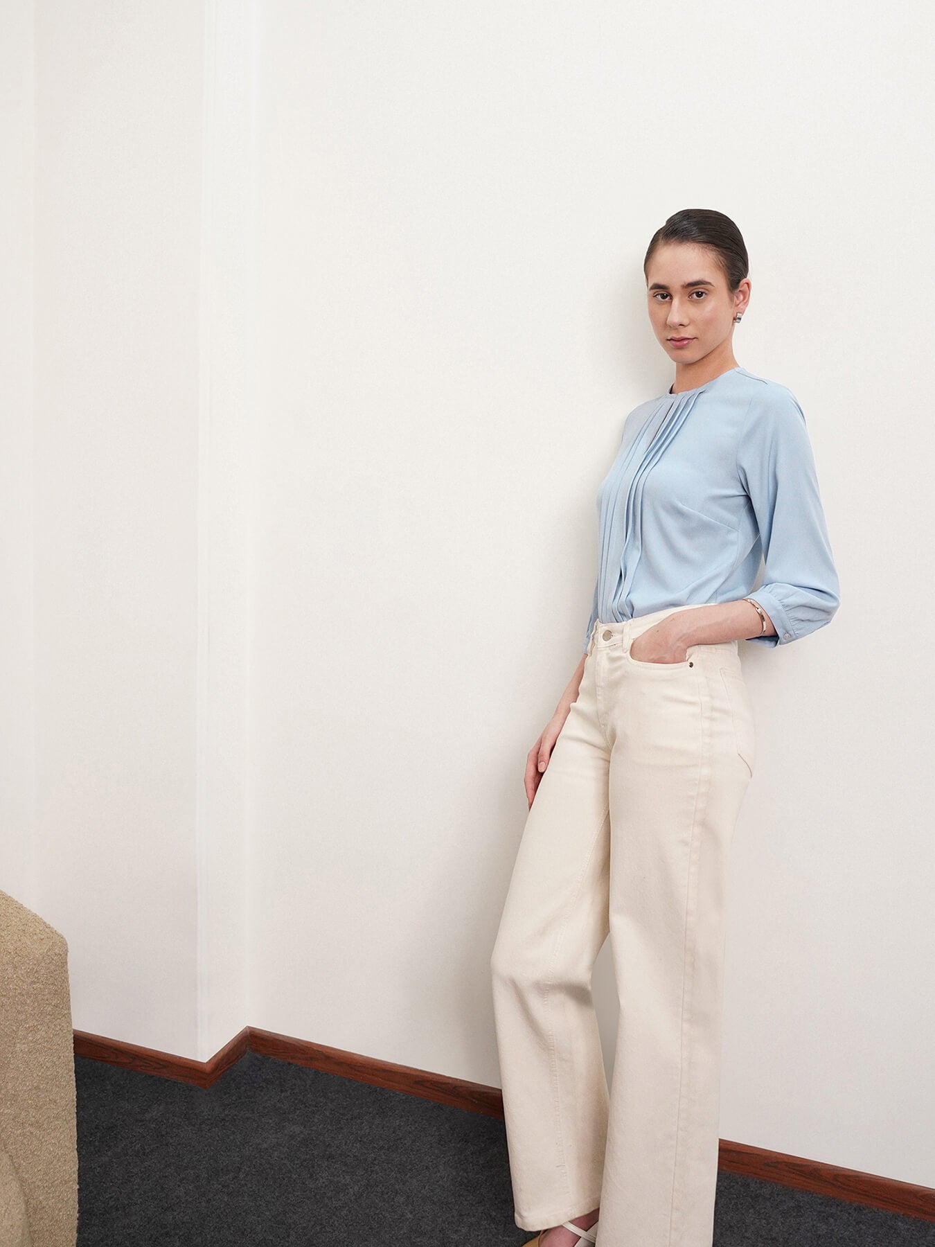 Pintuck Detail Top - Light Blue