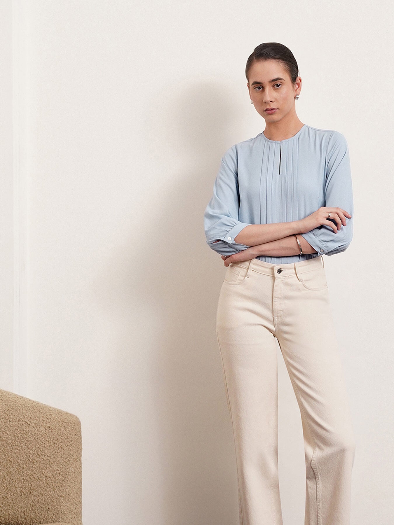 Pintuck Detail Top - Light Blue