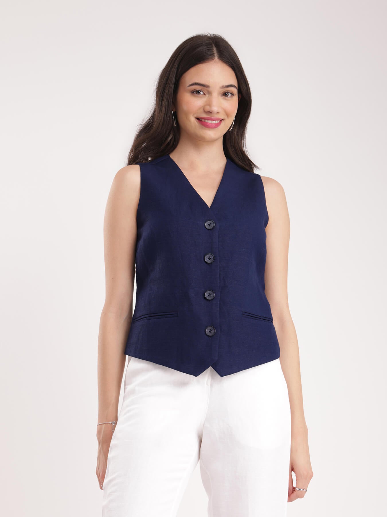 Linen Waistcoat - Navy Blue