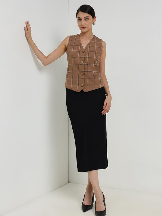 Cotton Plaid Waistcoat - Brown