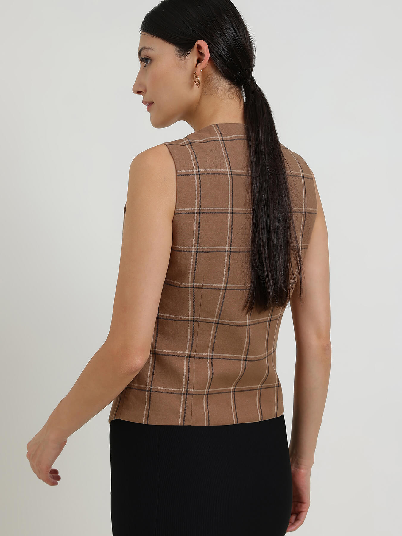 Cotton Plaid Waistcoat - Brown