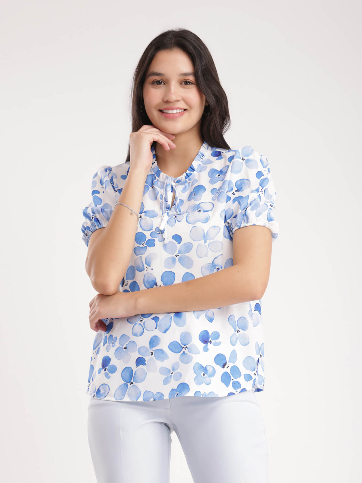 Floral Ruffle Top - Blue And White