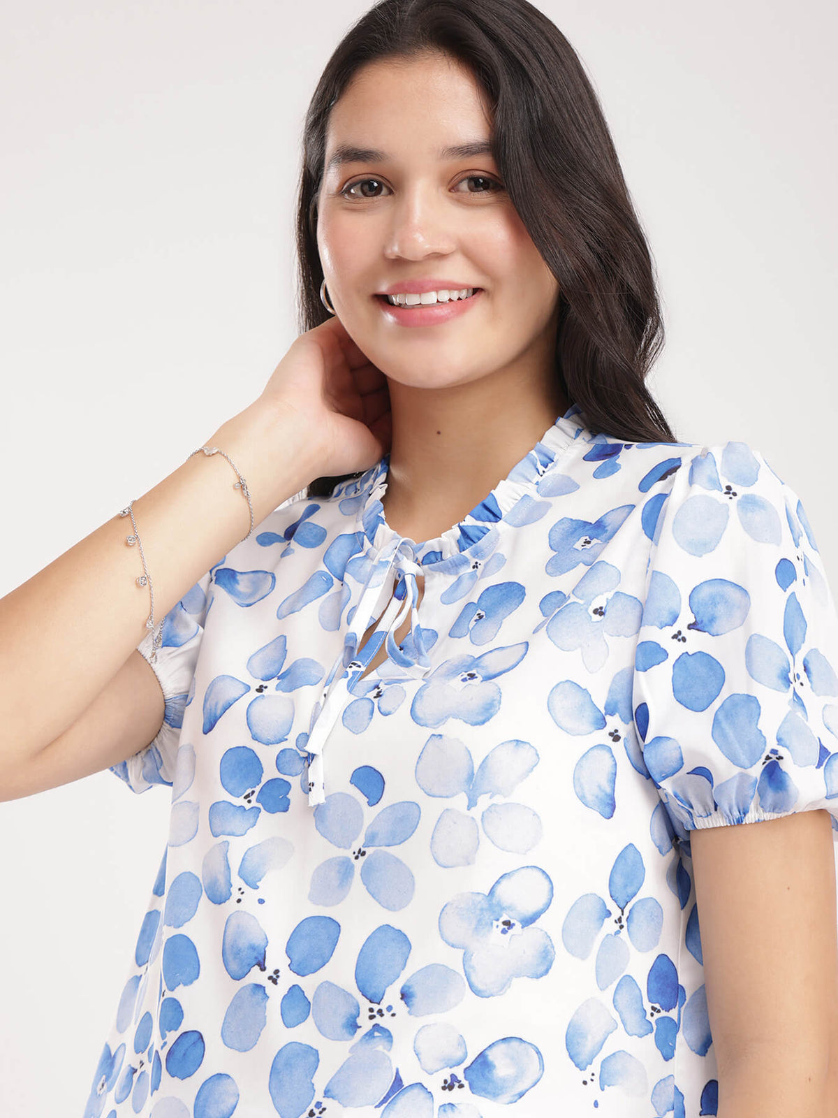 Floral Ruffle Top - Blue And White