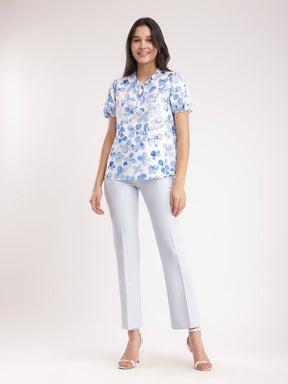 Floral Ruffle Top - Blue And White