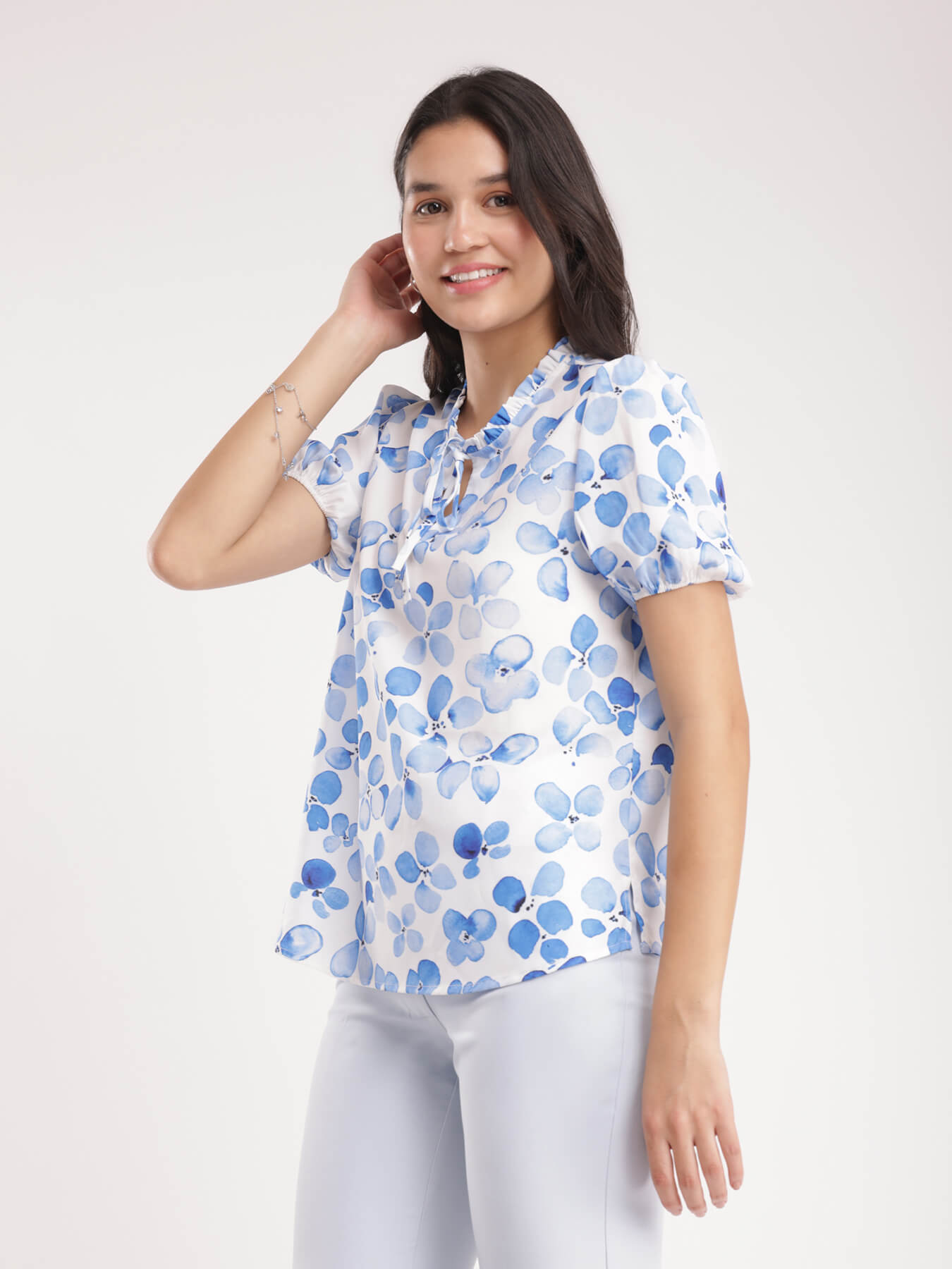 Floral Ruffle Top - Blue And White