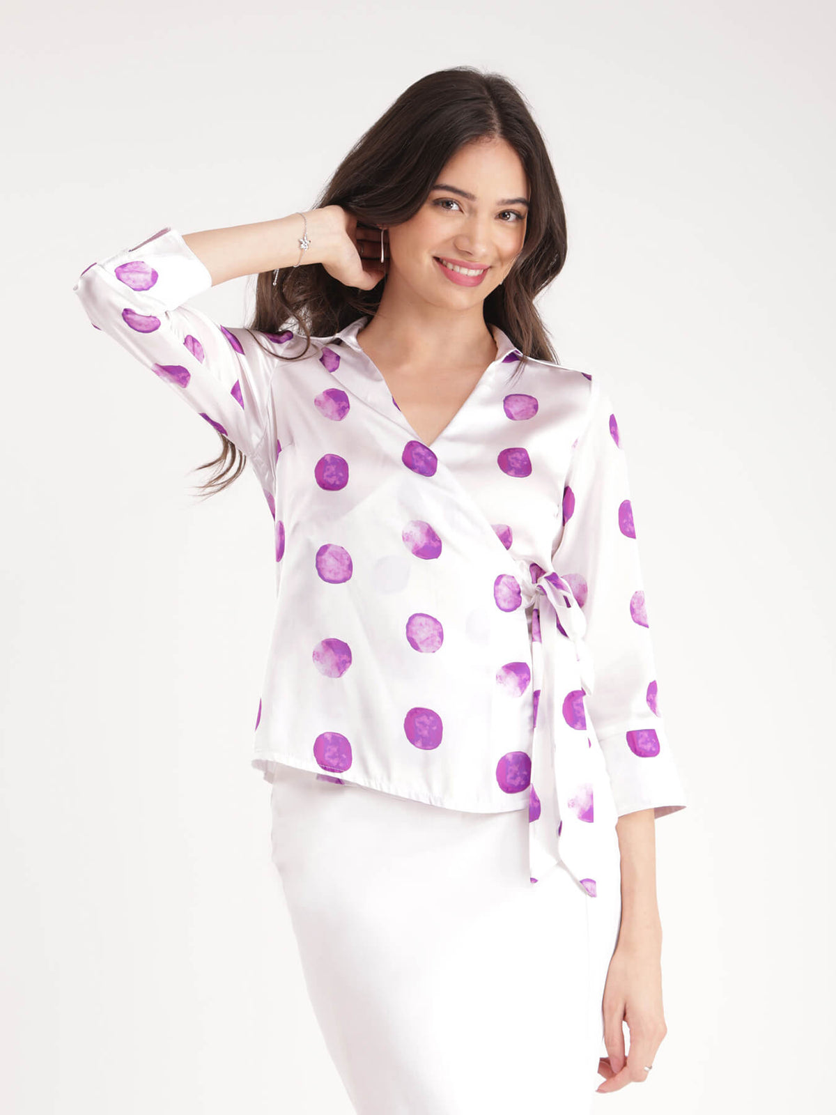 Satin Wrap Top - White And Pink