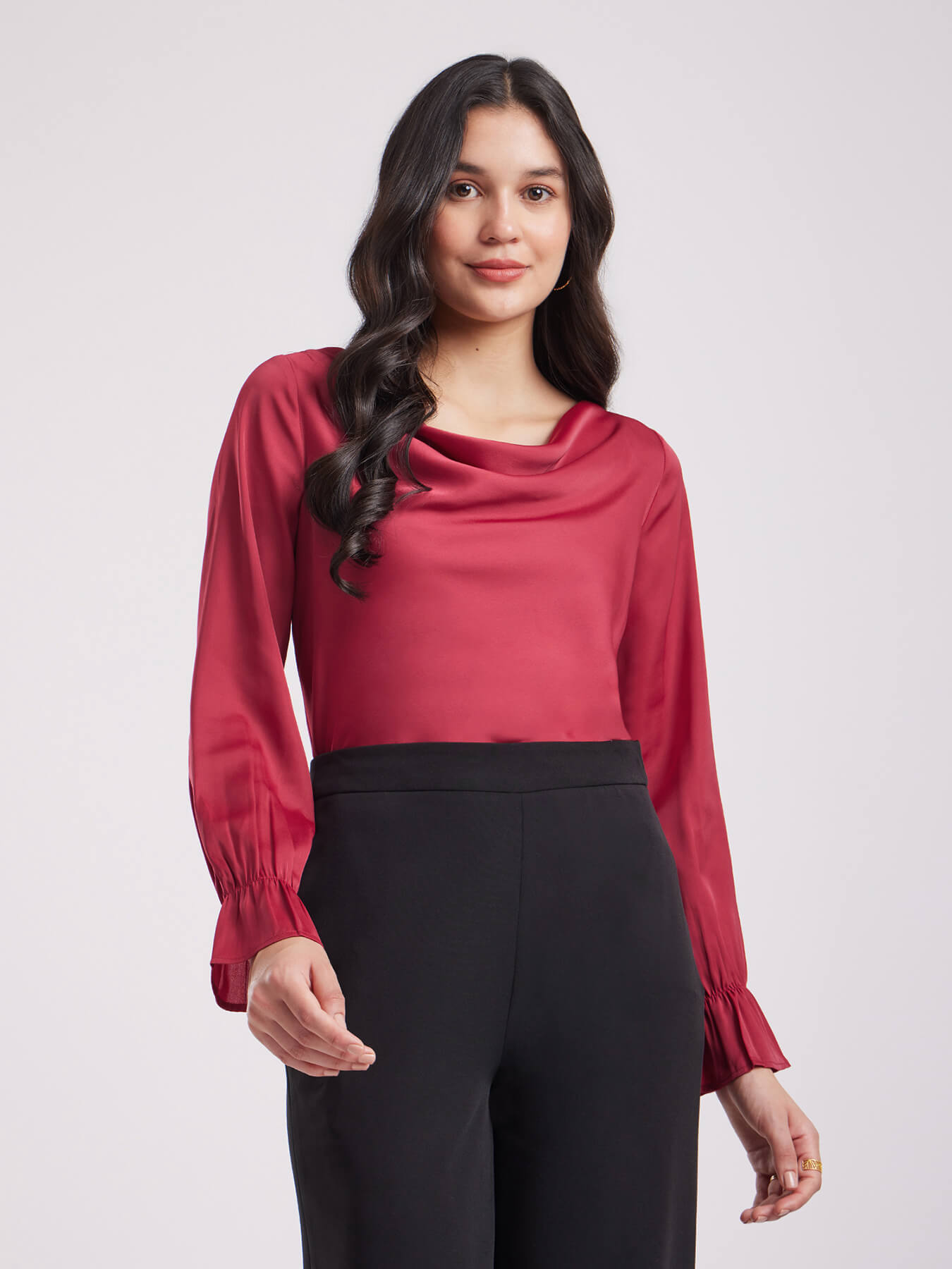 Satin Cowl Neck Top - Maroon