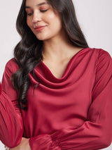 Satin Cowl Neck Top - Maroon