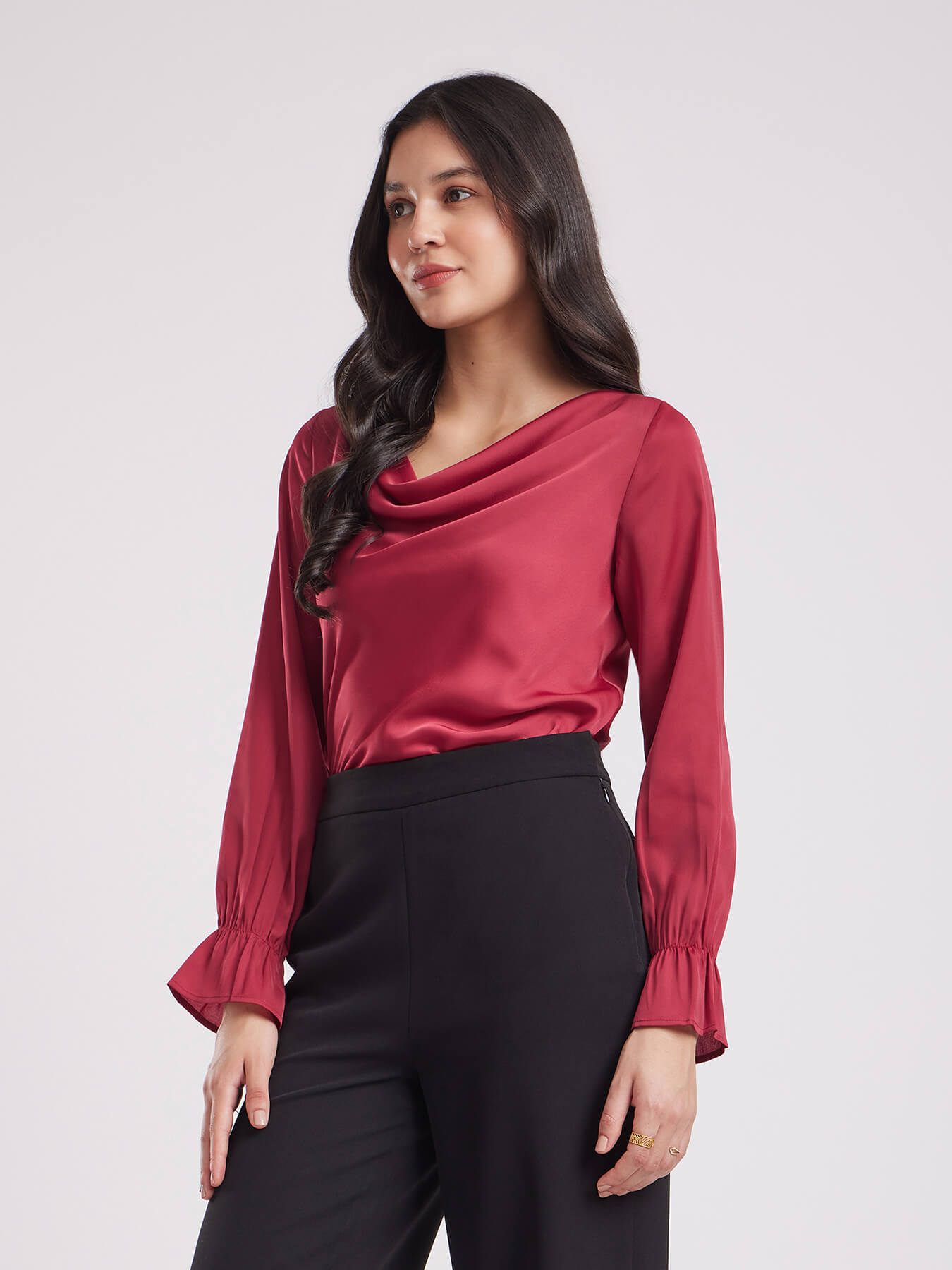 Satin Cowl Neck Top - Maroon