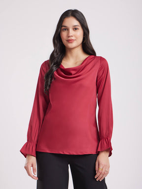 Satin Cowl Neck Top - Maroon