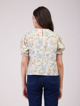 Linen Puff Sleeves Top - Multicolour