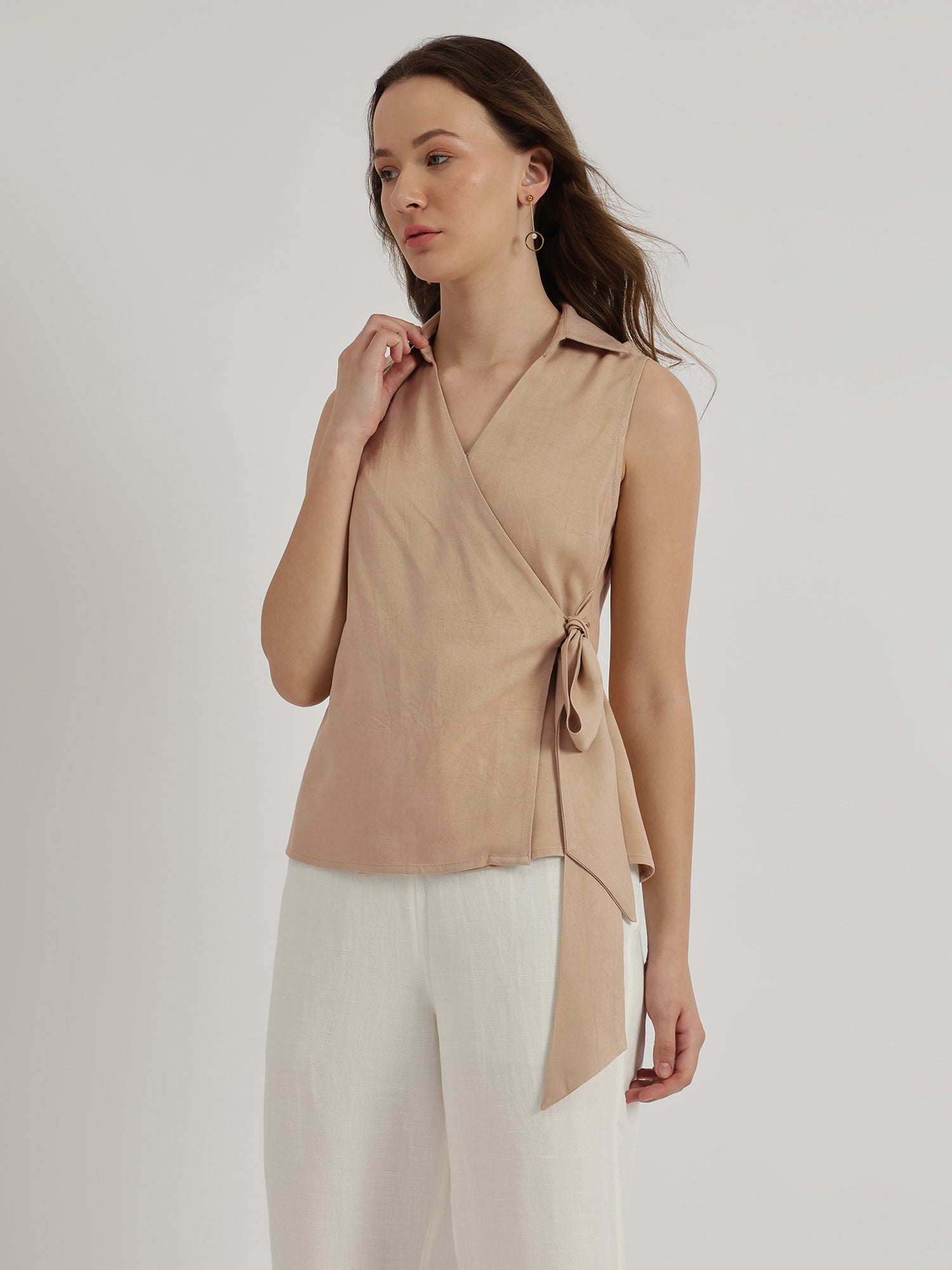 V-Neck Wrap Top - Beige