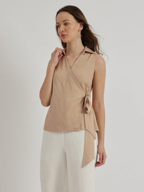 V-Neck Wrap Top - Beige